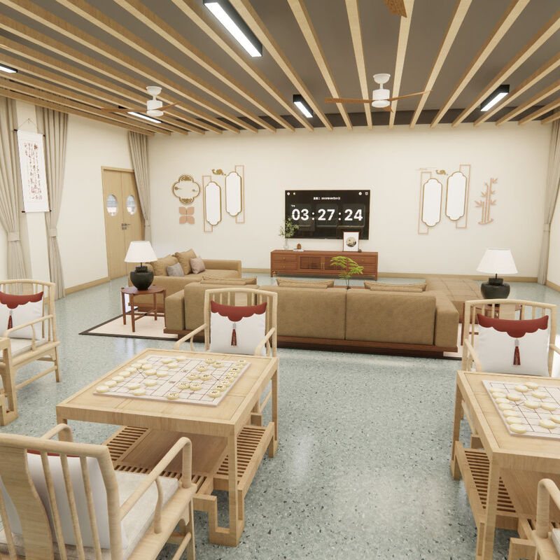 Pavimento homogéneo resistente a las manchas y a los rayos UV, optimizado para espacios comunes soleados en residencias de ancianos