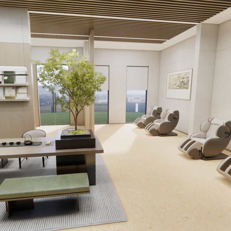 Pavimento homogéneo resistente a las manchas y a los rayos UV, optimizado para espacios comunes soleados en residencias de ancianos